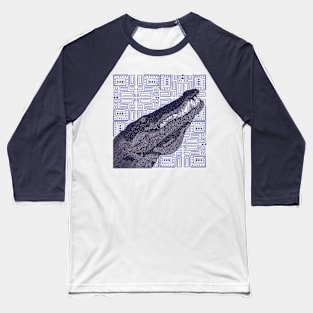 A Blue Decorated Crocodile on a Geometrical Pattern Baseball T-Shirt